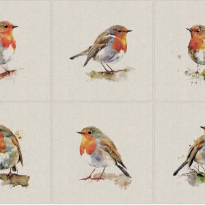 Watercolour Robins Cushion & Tote Bag Panels: Set of 6 Assorted